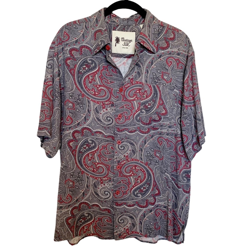 Vintage Silk Circa 1969 100% Silk Button Down Shirt Gray Red Size Large